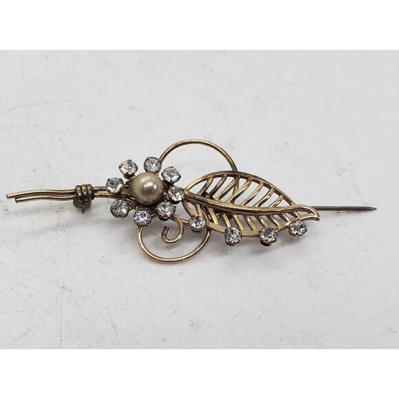 Vintage Van Dell 1/20 12K GF Gold Filled Rhinestone Pearl Leaf Floral Brooch Pin - Picture 14 of 14